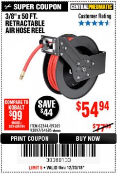 Harbor Freight Coupon 3/8" X 50 FT. RETRACTABLE AIR HOSE REEL Lot No. 46320/69265/62344/64685/93897 Expired: 12/23/18 - $54.94