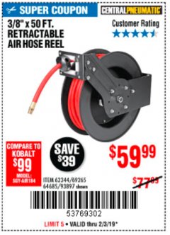 Harbor Freight Coupon 3/8" X 50 FT. RETRACTABLE AIR HOSE REEL Lot No. 46320/69265/62344/64685/93897 Expired: 2/3/19 - $59.99