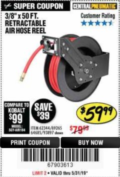 Harbor Freight Coupon 3/8" X 50 FT. RETRACTABLE AIR HOSE REEL Lot No. 46320/69265/62344/64685/93897 Expired: 5/31/19 - $59.99