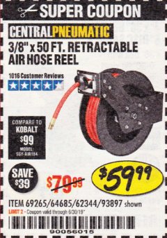 Harbor Freight Coupon 3/8" X 50 FT. RETRACTABLE AIR HOSE REEL Lot No. 46320/69265/62344/64685/93897 Expired: 6/30/19 - $59.99