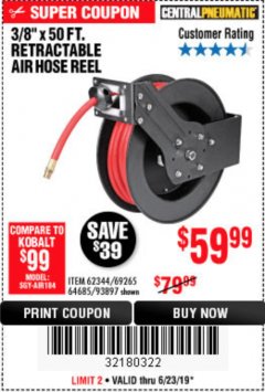 Harbor Freight Coupon 3/8" X 50 FT. RETRACTABLE AIR HOSE REEL Lot No. 46320/69265/62344/64685/93897 Expired: 6/23/19 - $59.99