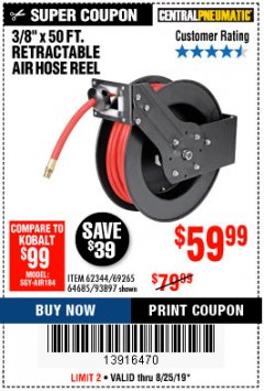 Harbor Freight Coupon 3/8" X 50 FT. RETRACTABLE AIR HOSE REEL Lot No. 46320/69265/62344/64685/93897 Expired: 8/25/19 - $59.99