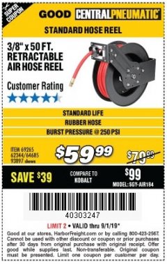 Harbor Freight Coupon 3/8" X 50 FT. RETRACTABLE AIR HOSE REEL Lot No. 46320/69265/62344/64685/93897 Expired: 9/1/19 - $59.99