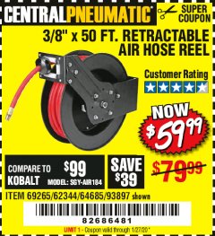 Harbor Freight Coupon 3/8" X 50 FT. RETRACTABLE AIR HOSE REEL Lot No. 46320/69265/62344/64685/93897 Expired: 1/27/20 - $59.99