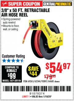 Harbor Freight Coupon 3/8" X 50 FT. RETRACTABLE AIR HOSE REEL Lot No. 46320/69265/62344/64685/93897 Expired: 1/19/20 - $54.97