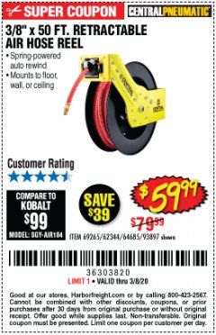 Harbor Freight Coupon 3/8" X 50 FT. RETRACTABLE AIR HOSE REEL Lot No. 46320/69265/62344/64685/93897 Expired: 3/8/20 - $59.99