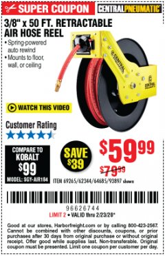 Harbor Freight Coupon 3/8" X 50 FT. RETRACTABLE AIR HOSE REEL Lot No. 46320/69265/62344/64685/93897 Expired: 2/23/20 - $59.99