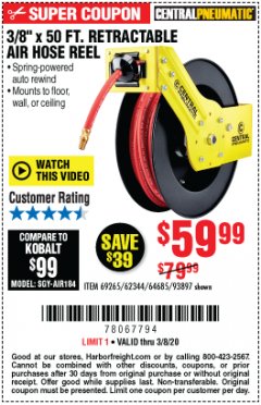 Harbor Freight Coupon 3/8" X 50 FT. RETRACTABLE AIR HOSE REEL Lot No. 46320/69265/62344/64685/93897 Expired: 3/8/20 - $59.99