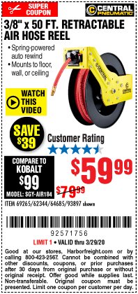 Harbor Freight Coupon 3/8" X 50 FT. RETRACTABLE AIR HOSE REEL Lot No. 46320/69265/62344/64685/93897 Expired: 3/29/20 - $59.99