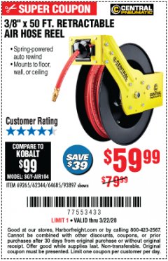 Harbor Freight Coupon 3/8" X 50 FT. RETRACTABLE AIR HOSE REEL Lot No. 46320/69265/62344/64685/93897 Expired: 3/22/20 - $59.99