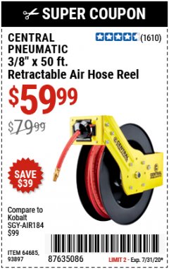 Harbor Freight Coupon 3/8" X 50 FT. RETRACTABLE AIR HOSE REEL Lot No. 46320/69265/62344/64685/93897 Expired: 7/31/20 - $59.99