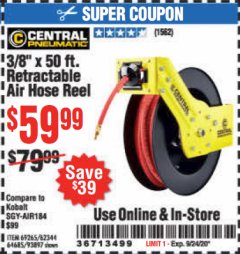 Harbor Freight Coupon 3/8" X 50 FT. RETRACTABLE AIR HOSE REEL Lot No. 46320/69265/62344/64685/93897 Expired: 9/24/20 - $59.99