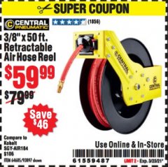 Harbor Freight Coupon 3/8" X 50 FT. RETRACTABLE AIR HOSE REEL Lot No. 46320/69265/62344/64685/93897 Expired: 3/23/21 - $59.99