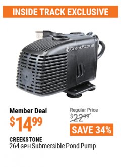 Harbor Freight ITC Coupon CREEKSTONE 264 GPH SUBMERSIBLE POND PUMP Lot No. 63313 Expired: 4/29/21 - $14.99