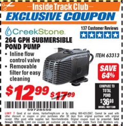 Harbor Freight ITC Coupon CREEKSTONE 264 GPH SUBMERSIBLE POND PUMP Lot No. 63313 Expired: 12/31/18 - $12.99