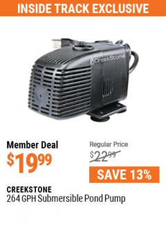 Harbor Freight Coupon CREEKSTONE 264 GPH SUBMERSIBLE POND PUMP Lot No. 63313 Expired: 7/1/21 - $19.99