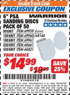Harbor Freight ITC Coupon 6" PSA SANDING DISCS PACK OF 50 (180, 220, OR 320 GRIT) Lot No. 69961/60661/60421 Expired: 2/28/19 - $14.99