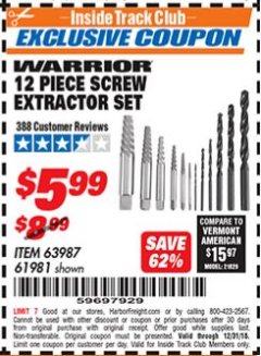 Harbor Freight ITC Coupon WARRIOR SCREW EXTRACTOR AND LEFT-HAND DRILL BIT COMBO SET, 10-PIECE Lot No. 63987 Expired: 12/31/18 - $5.99