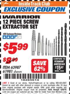 Harbor Freight ITC Coupon WARRIOR SCREW EXTRACTOR AND LEFT-HAND DRILL BIT COMBO SET, 10-PIECE Lot No. 63987 Expired: 4/30/19 - $5.99