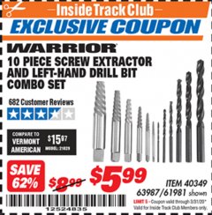Harbor Freight ITC Coupon WARRIOR SCREW EXTRACTOR AND LEFT-HAND DRILL BIT COMBO SET, 10-PIECE Lot No. 63987 Expired: 3/31/20 - $5.99