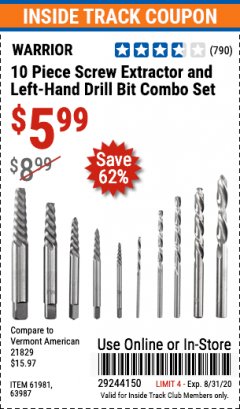Harbor Freight ITC Coupon WARRIOR SCREW EXTRACTOR AND LEFT-HAND DRILL BIT COMBO SET, 10-PIECE Lot No. 63987 Expired: 8/31/20 - $5.99
