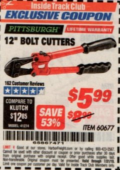 Harbor Freight ITC Coupon PITTSBURGH 12" BOLT CUTTERS Lot No. 60677 Expired: 7/31/19 - $5.99