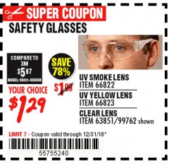 Harbor Freight Coupon SAFETY GLASSES Lot No. 66822/66823/63851/99762 Expired: 12/31/18 - $1.29