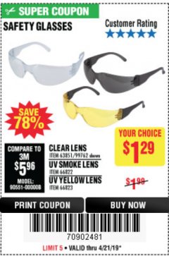 Harbor Freight Coupon SAFETY GLASSES Lot No. 66822/66823/63851/99762 Expired: 4/21/19 - $1.29