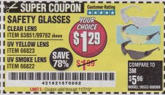 Harbor Freight Coupon SAFETY GLASSES Lot No. 66822/66823/63851/99762 Expired: 11/7/19 - $1.29