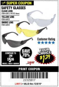 Harbor Freight Coupon SAFETY GLASSES Lot No. 66822/66823/63851/99762 Expired: 12/8/19 - $1.29