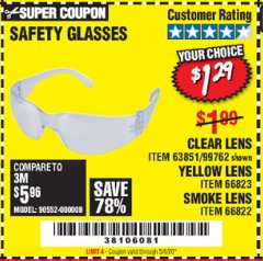 Harbor Freight Coupon SAFETY GLASSES Lot No. 66822/66823/63851/99762 Expired: 6/30/20 - $1.29