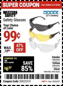 Harbor Freight Coupon SAFETY GLASSES Lot No. 66822/66823/63851/99762 Expired: 10/23/22 - $0.99