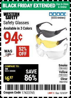 Harbor Freight Coupon SAFETY GLASSES Lot No. 66822/66823/63851/99762 Expired: 12/3/23 - $0.94