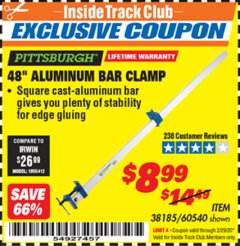 Harbor Freight ITC Coupon PITTSBURGH 48" ALUMINUM BAR CLAMP Lot No. 60540 Expired: 2/29/20 - $8.99