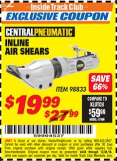 Harbor Freight ITC Coupon INLINE AIR SHEARS Lot No. 98833 Expired: 12/31/18 - $19.99