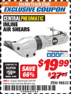 Harbor Freight ITC Coupon INLINE AIR SHEARS Lot No. 98833 Expired: 12/31/19 - $19.99