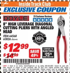 Harbor Freight ITC Coupon 8" HIGH LEVERAGE DIAGONAL CUTTING PLIERS WITH ANGLED HEAD Lot No. 64568/63826 Expired: 12/31/18 - $12.99