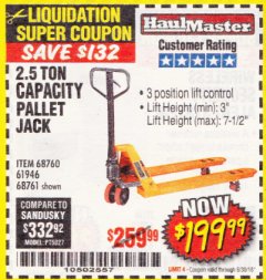 Harbor Freight Coupon 2.5 TON PALLET JACK Lot No. 68761/68760/61946 Expired: 6/30/18 - $199.99