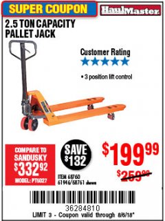 Harbor Freight Coupon 2.5 TON PALLET JACK Lot No. 68761/68760/61946 Expired: 8/6/18 - $199.99