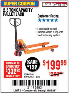 Harbor Freight Coupon 2.5 TON PALLET JACK Lot No. 68761/68760/61946 Expired: 10/15/18 - $199.99