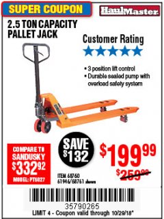 Harbor Freight Coupon 2.5 TON PALLET JACK Lot No. 68761/68760/61946 Expired: 10/29/18 - $199.99