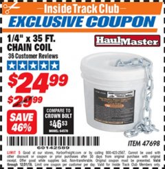 Harbor Freight ITC Coupon HAUL-MASTER 1/4 IN. X 35 FT. CHAIN COIL Lot No. 47698 Expired: 12/31/18 - $24.99