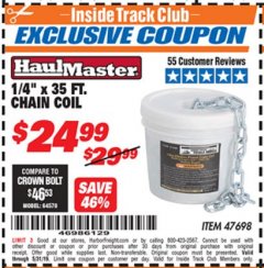 Harbor Freight ITC Coupon HAUL-MASTER 1/4 IN. X 35 FT. CHAIN COIL Lot No. 47698 Expired: 5/31/19 - $24.99
