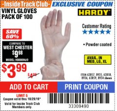 Harbor Freight ITC Coupon POWDER-FREE VINYL GLOVES PACK OF 100 Lot No. 63857/8935/63858/8936/63859/8934 Expired: 10/29/19 - $3.99