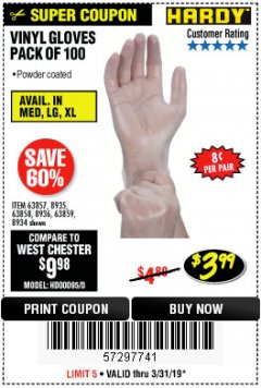 Harbor Freight Coupon POWDER-FREE VINYL GLOVES PACK OF 100 Lot No. 63857/8935/63858/8936/63859/8934 Expired: 3/31/19 - $3.99