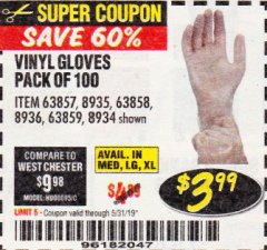 Harbor Freight Coupon HARDY VINYL GLOVES, 100 PACK Lot No. 8934/63857/8935/63858/8936/63859 Expired: 5/31/19 - $3.99