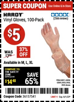 Harbor Freight Coupon POWDER-FREE VINYL GLOVES PACK OF 100 Lot No. 63857/8935/63858/8936/63859/8934 Expired: 6/1/23 - $5