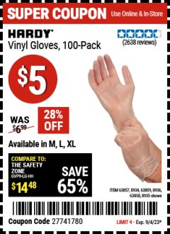 Harbor Freight Coupon POWDER-FREE VINYL GLOVES PACK OF 100 Lot No. 63857/8935/63858/8936/63859/8934 Expired: 9/4/23 - $5