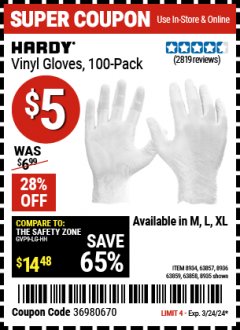 Harbor Freight Coupon POWDER-FREE VINYL GLOVES PACK OF 100 Lot No. 63857/8935/63858/8936/63859/8934 Expired: 3/24/24 - $5
