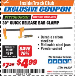 Harbor Freight ITC Coupon PITTSBURGH 30 IN. QUICK-RELEASE BAR CLAMP Lot No. 96207 Expired: 2/29/20 - $4.99